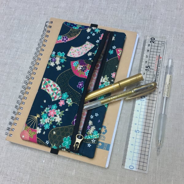 Pencil Case Elastic for Diary or Notebook Japanese Turquoise Fabric 