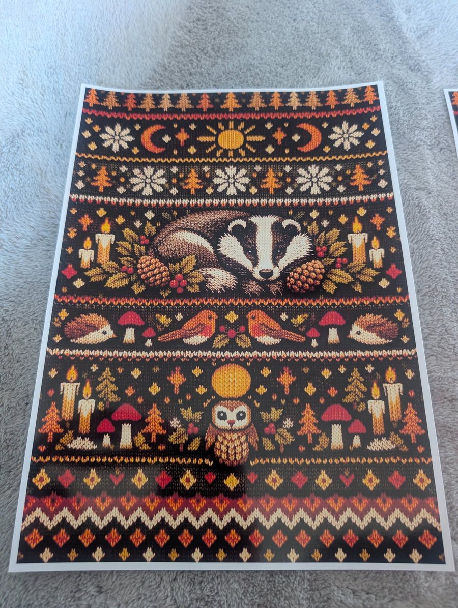 Pagan Yule Festive Badger Knitted Design A4 Photo Print 