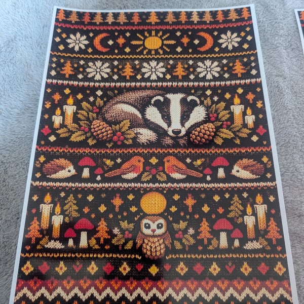 Pagan Yule Festive Badger Knitted Design A4 Photo Print 