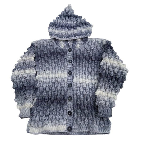 Children's Hooded Cardigan, Hand Knitted Grey & White Ombre, Bobble Pattern