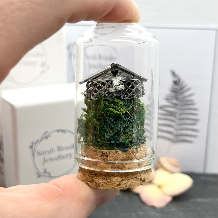 Handmade Sterling Silver Miniature Rabbit Hutch Bell Jar