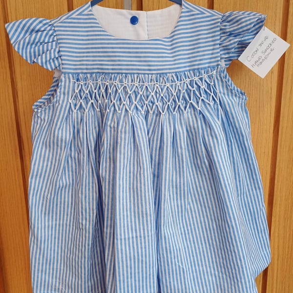 Smocked blue striped girls dress