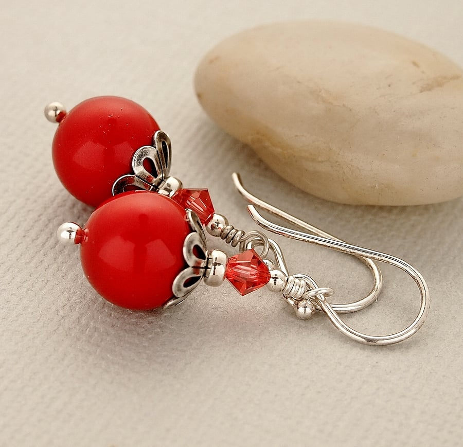 Red Pearl Earrings - Swarovski - Sterling Silver