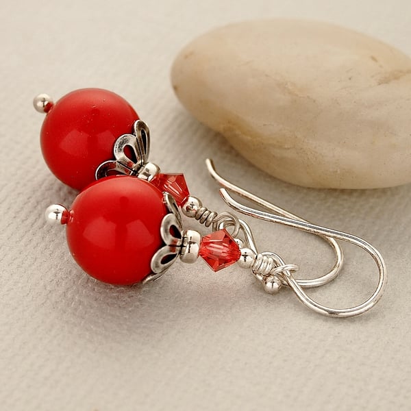 Red Pearl Earrings - Swarovski - Sterling Silver