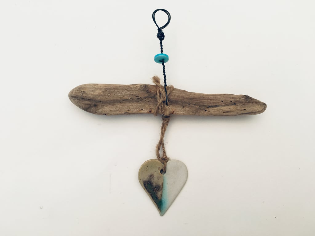 Hand-made, Driftwood, Loveheart hanger, pottery, gift idea, birthday, home decor