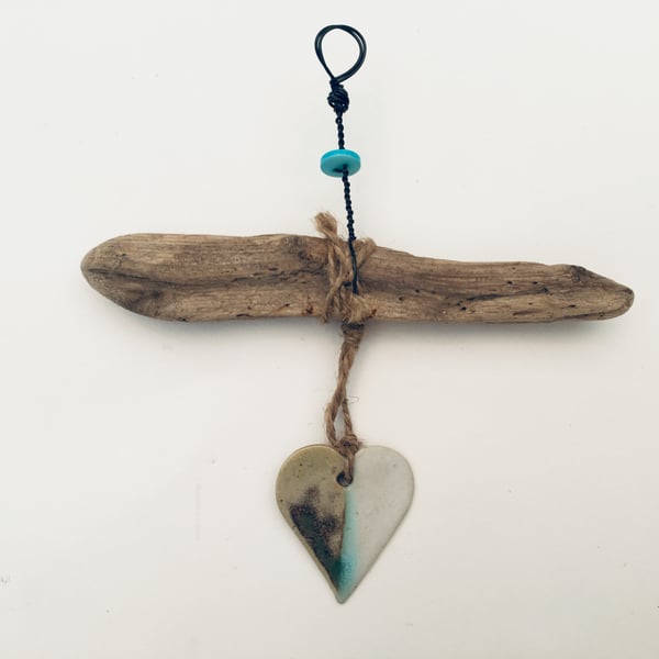 Hand-made, Driftwood, Loveheart hanger, pottery, gift idea, birthday, home decor