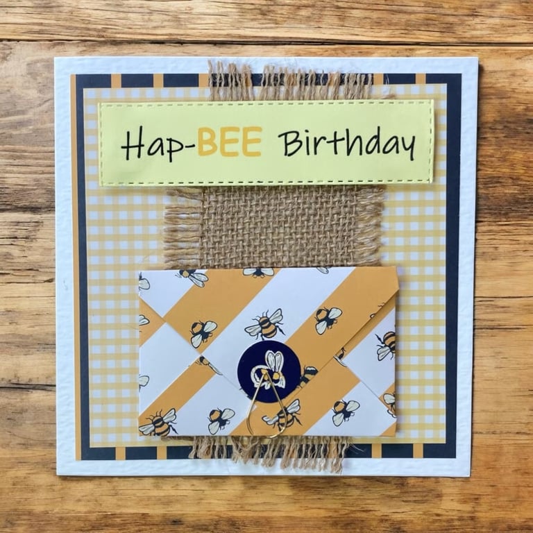Handmade “Hap-BEE Birthday” Card with Gift Card Holder. Bee Themed Birthday Card