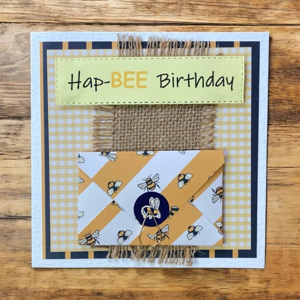 Handmade “Hap-BEE Birthday” Card with Gift Card Holder. Bee Themed Birthday Card