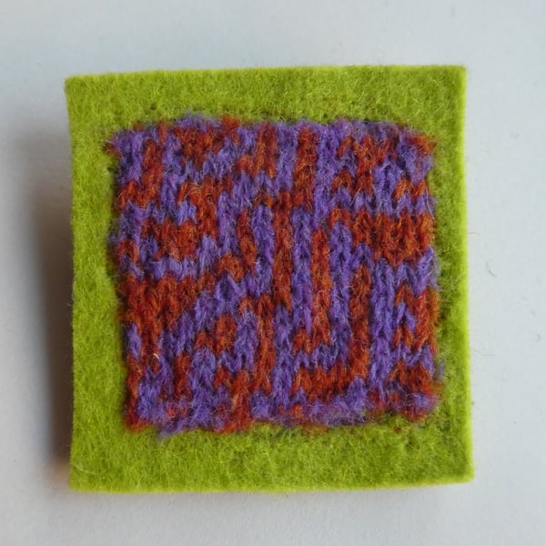 Rule 30 brooch - lime green with orange and purple, square, needle felted.