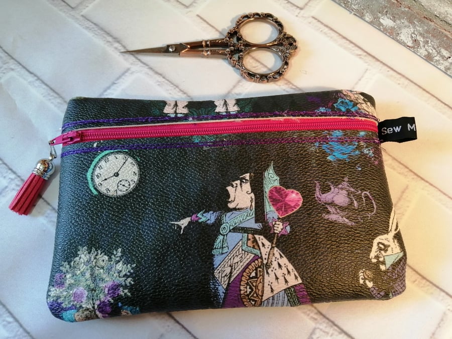 Alice in Wonderland themed Make up, Cosmetic Bag in faux leather