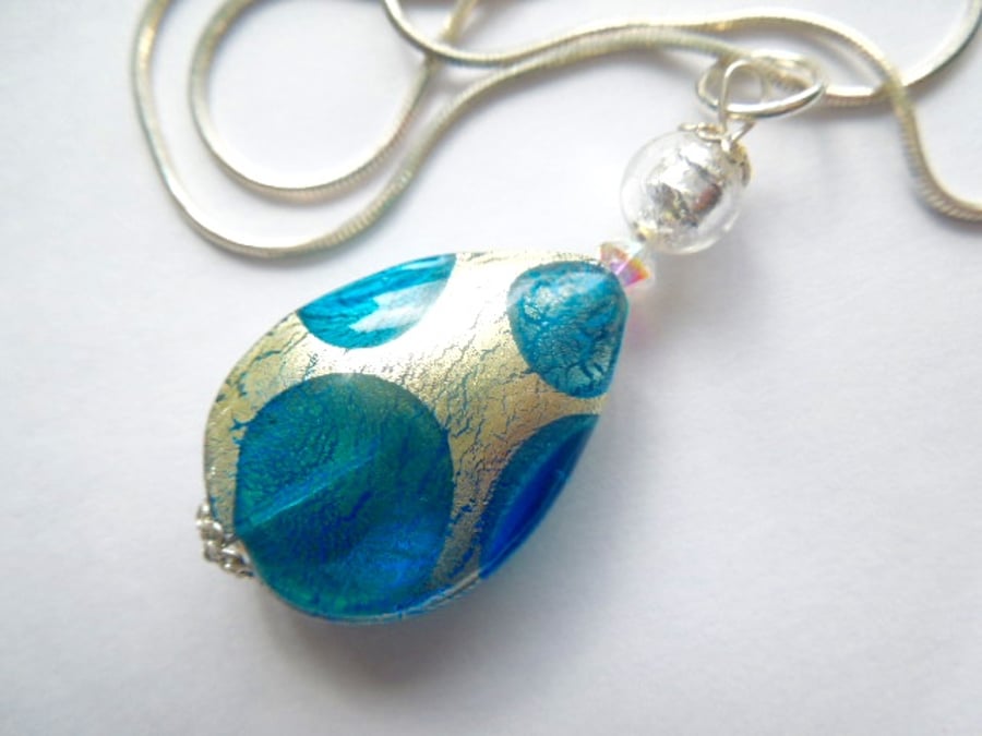  Murano glass pendant with aquamarine and silver teardrop with sterling silver.