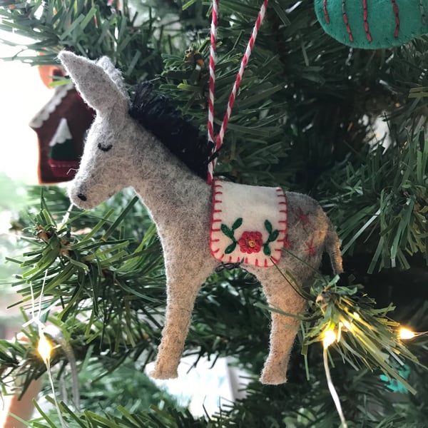 Hand Stitched Wool Felt Donkey Christmas Tree Decoration - pale grey marl