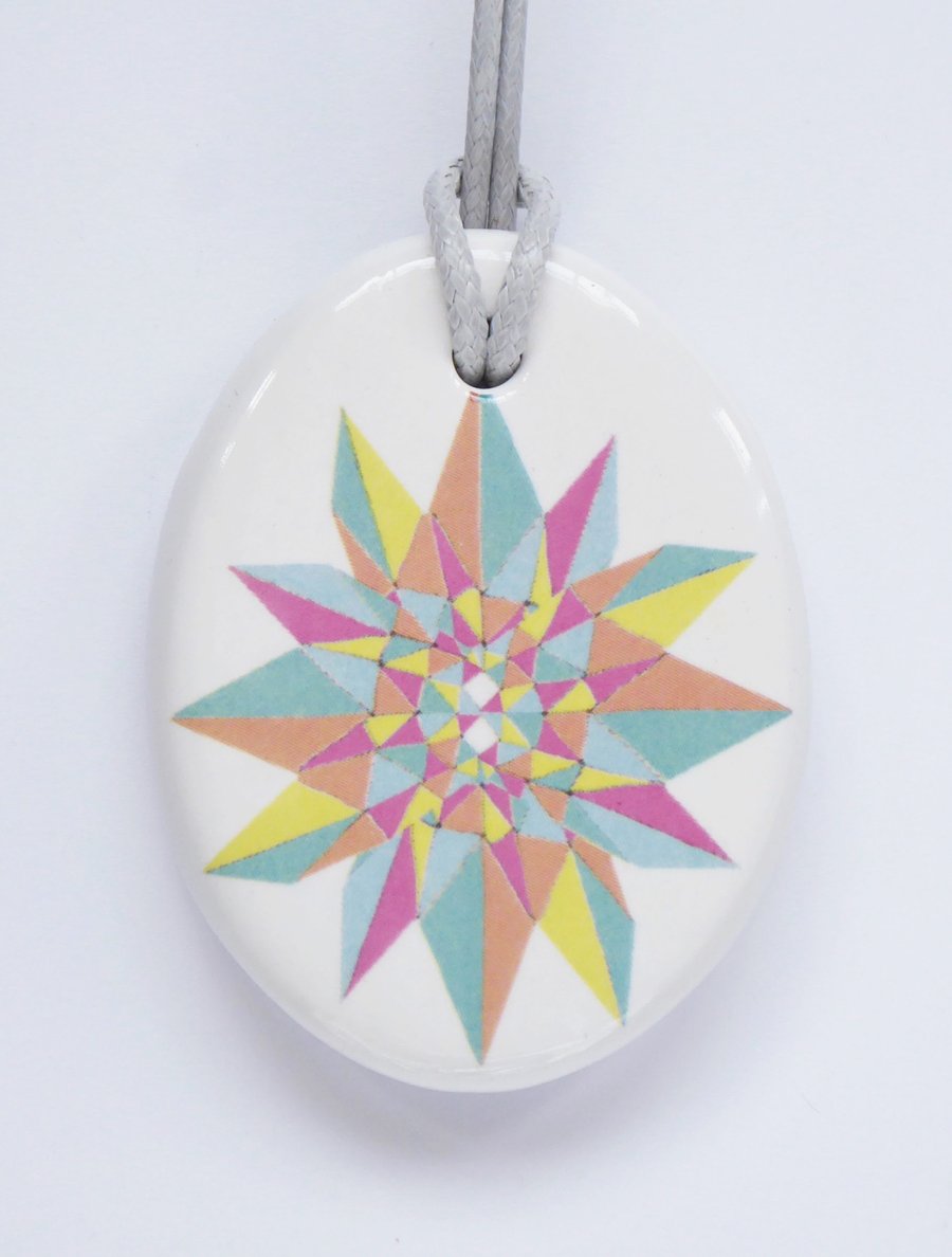 Multicoloured Geometric Star Ceramic Pendant on Grey Cord with Lobster Clasp