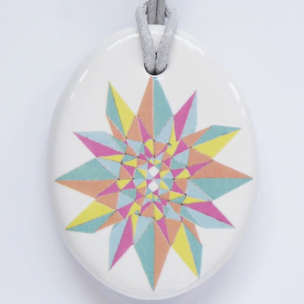 Multicoloured Geometric Star Ceramic Pendant on Grey Cord with Lobster Clasp