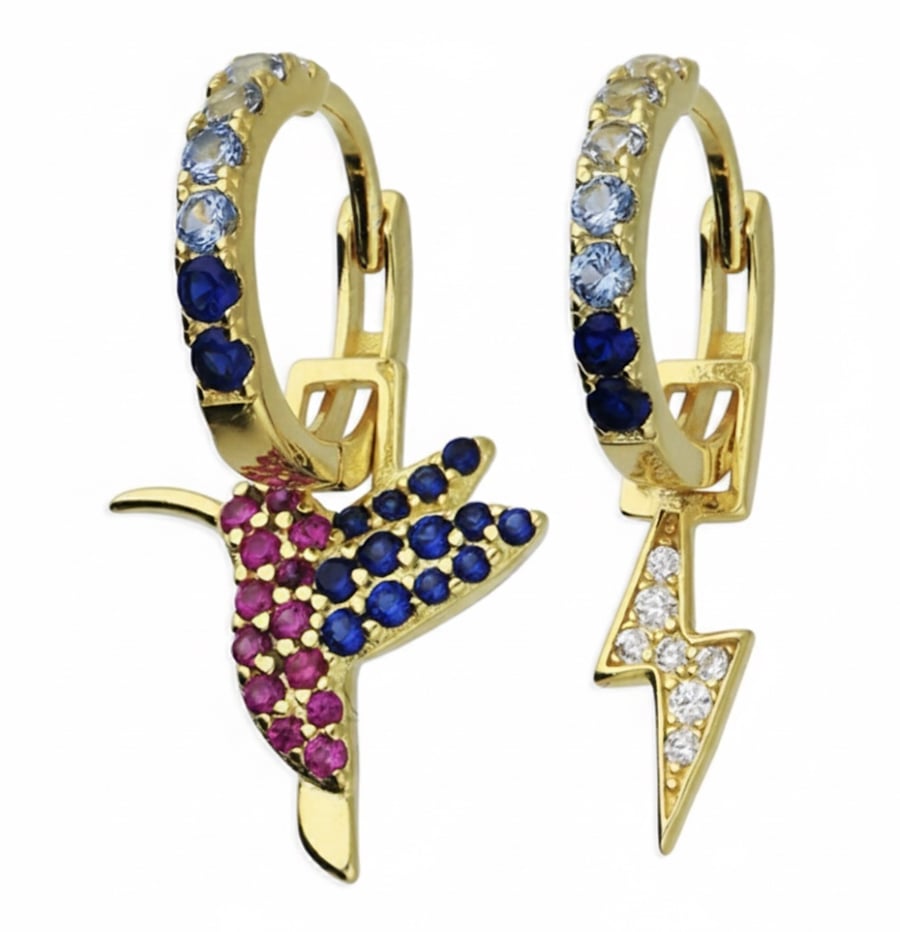 Mismatched Hummingbird and Lightning Bolt Hoop Earrings. 