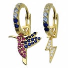 Mismatched Hummingbird and Lightning Bolt Hoop Earrings. 