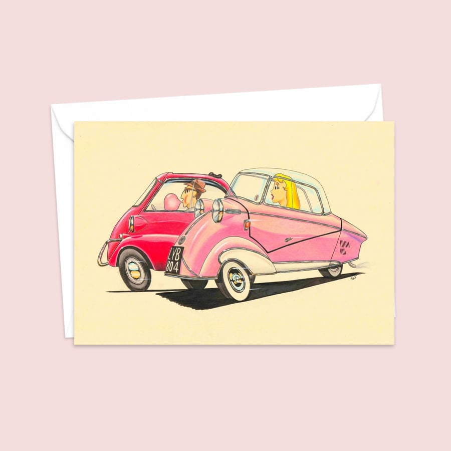 Fifties Bubble Cars Greeting Card: Hand Drawn Illustration (318)