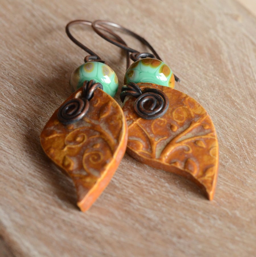 Handmade Ceramic Leaf, Lampwork Glass Bead and Copper Earrings