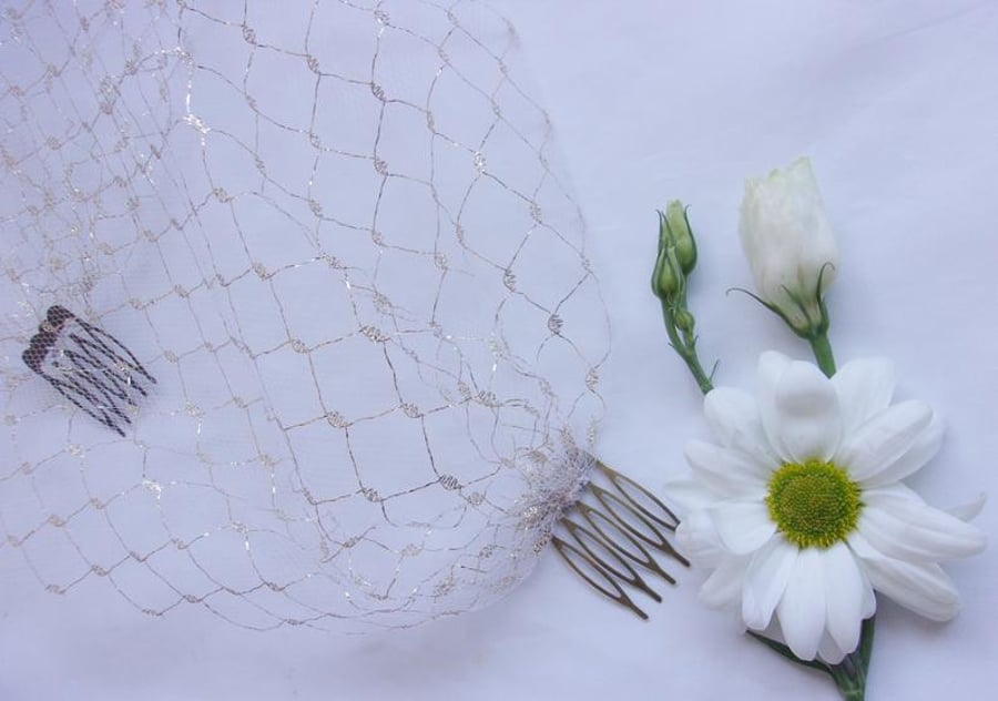 Ivory and Gold Lurex Weave Fine Tulle Birdcage Bandeau Bridal Wedding Veil 