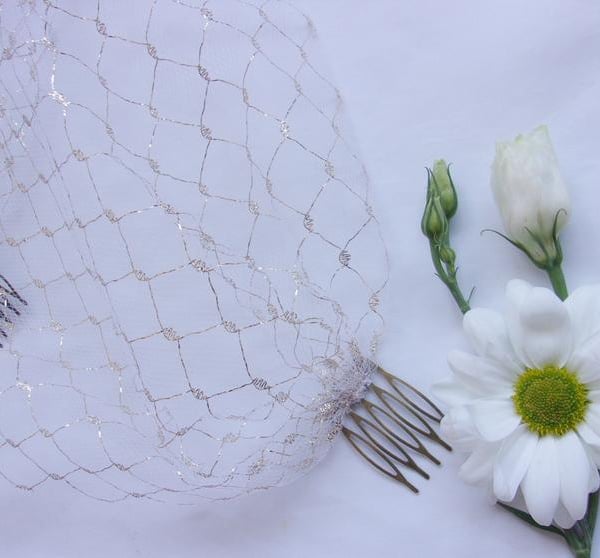 Ivory and Gold Lurex Weave Fine Tulle Birdcage Bandeau Bridal Wedding Veil 