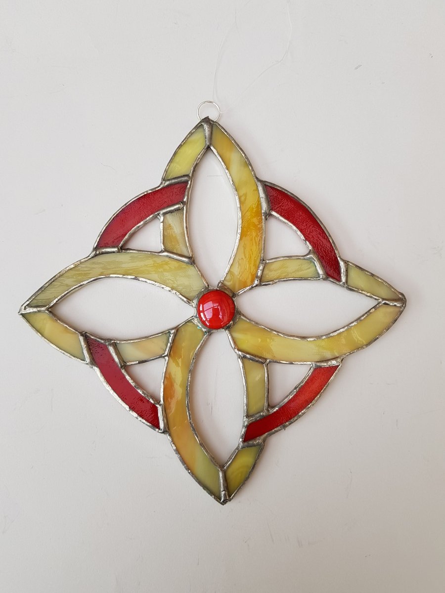 019 Stained Glass Celtic Orange and Cream flower - handmade hanging decoration.