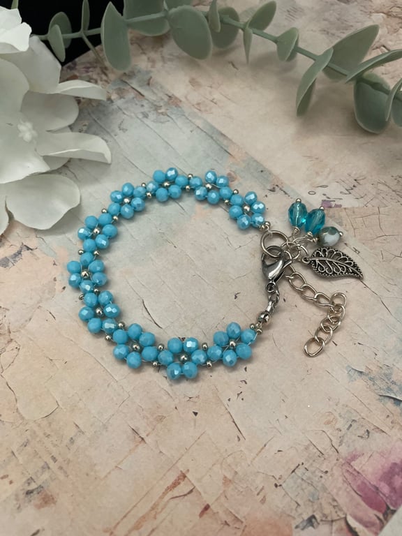 Cyan Blue Crystal Flower charm bracelet, boho bracelet, gift for her, delicate 