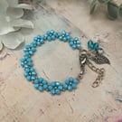 Cyan Blue Crystal Flower charm bracelet, boho bracelet, gift for her, delicate 