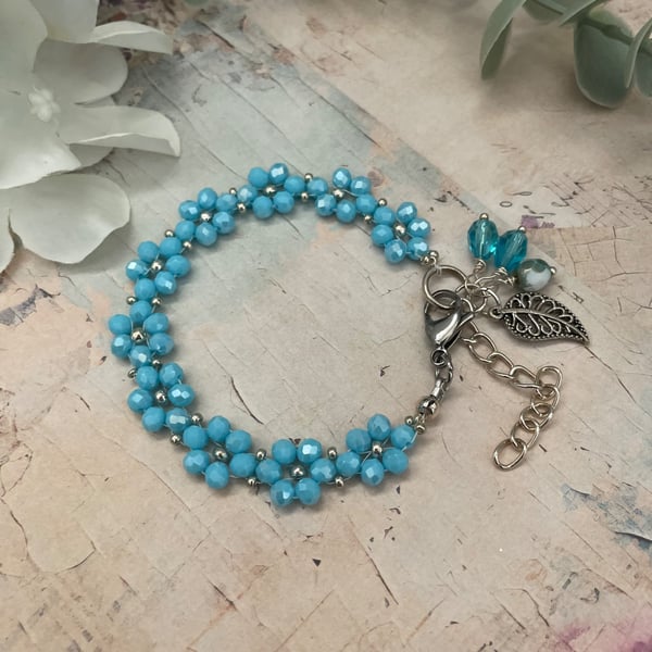 Cyan Blue Crystal Flower charm bracelet, boho bracelet, gift for her, delicate 