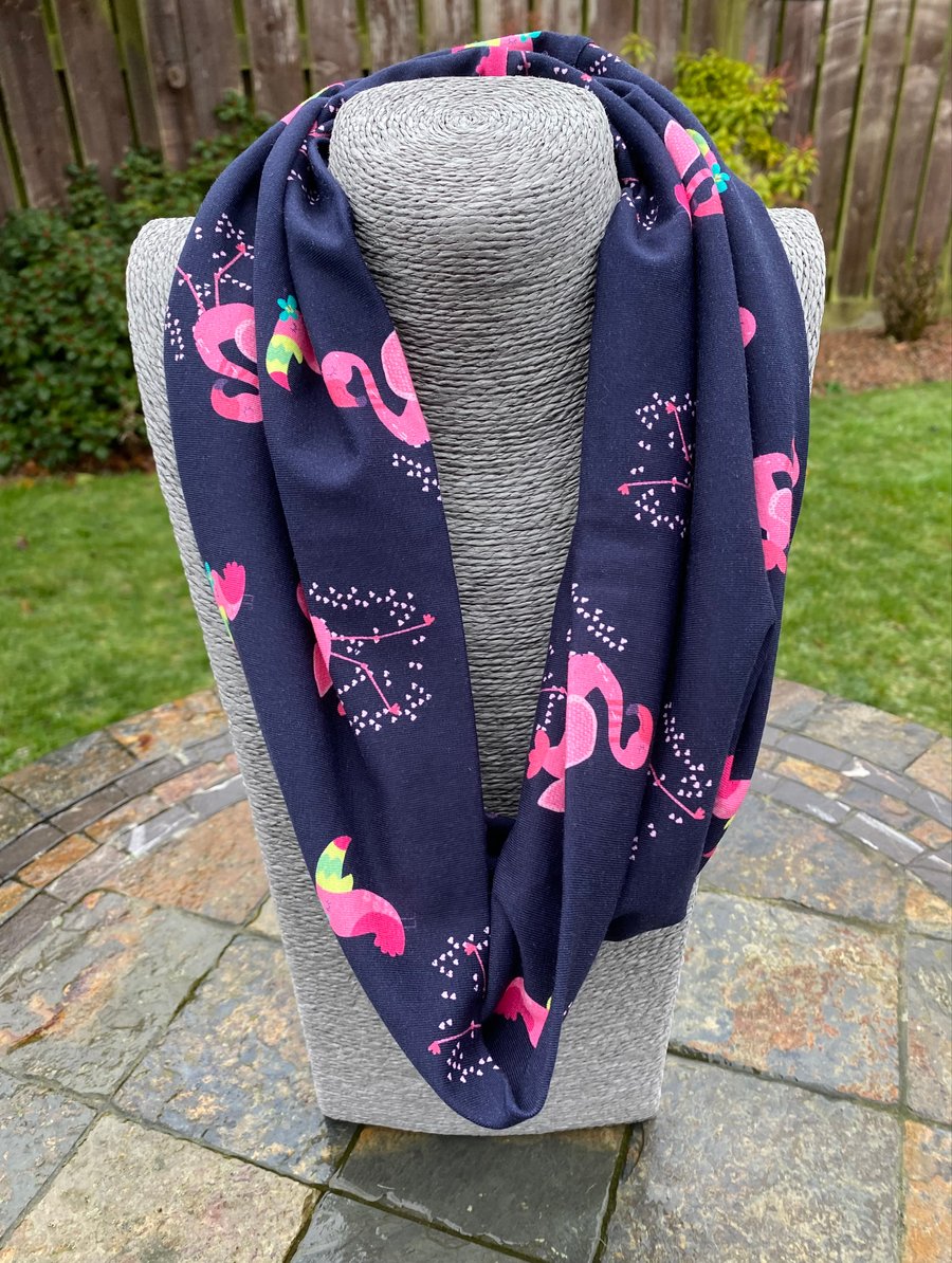 Navy jersey Cotton Infinity Scarf with Flamingos and Toocans