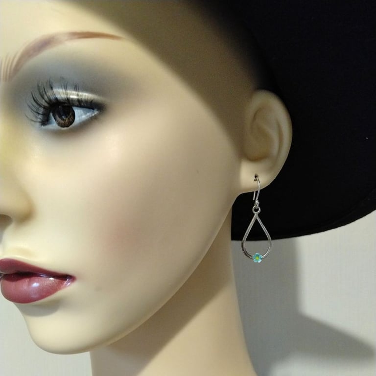 Sterling silver forget me not earrings glass enameled ,  Raindrop silver earring