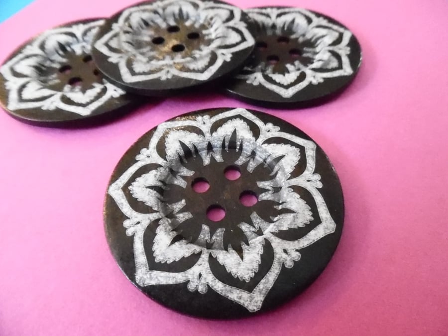6cm Raised Edge  Dark Brown Patterned Large Wood  Buttons FLOWER pattern