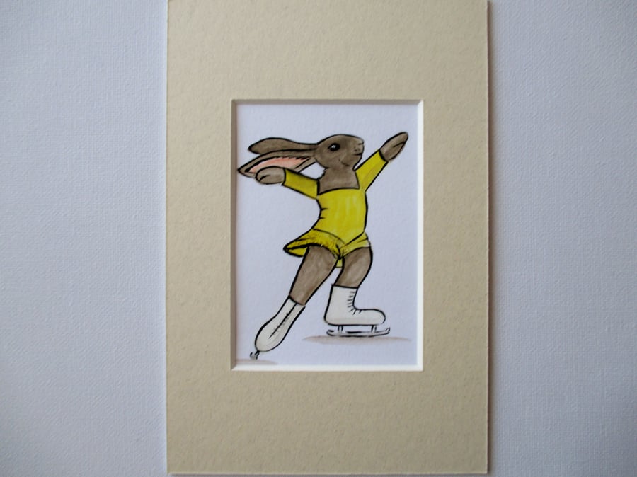 ACEO Bunny Rabbit Ice Skater Skating Dancing Miniature Original Painting Picture