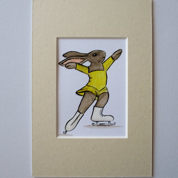 ACEO Bunny Rabbit Ice Skater Skating Dancing Miniature Original Painting Picture