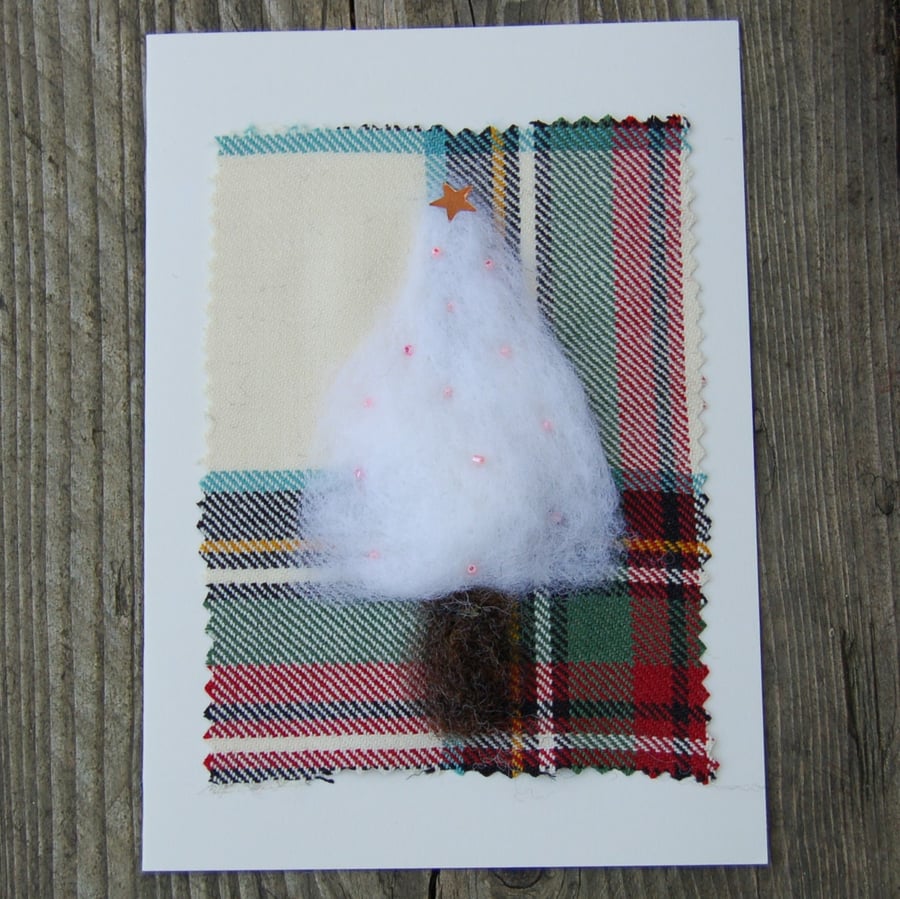 Wool Christmas card, White Christmas Tree with pink decorations