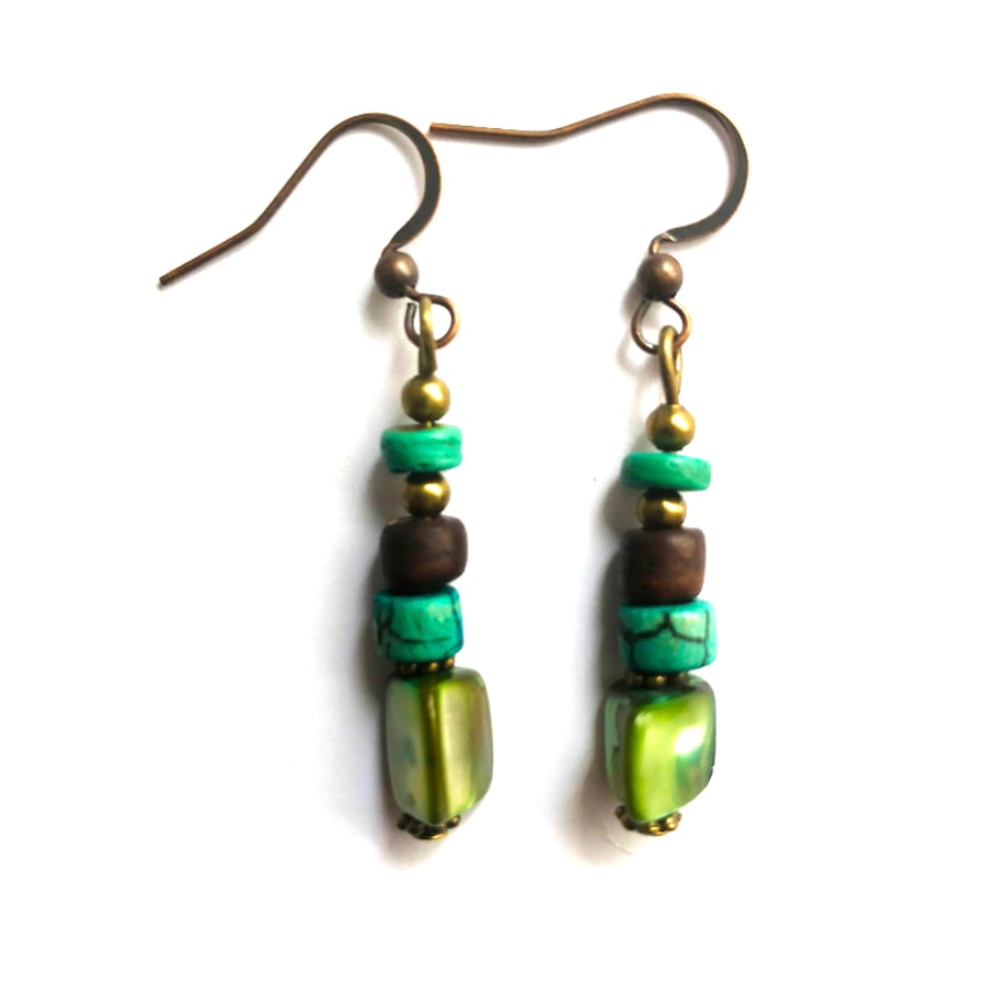 Green Brown Brass Drop Boho Style Drop Dangle Earrings