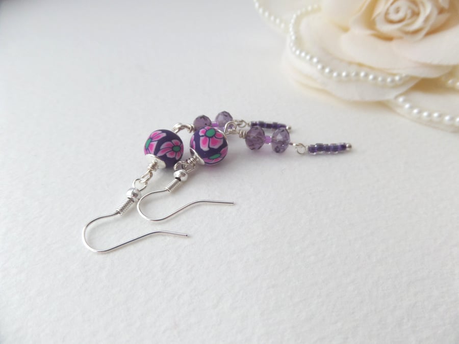 Purple Earrings, Silver Medium Length Dangle Earrings