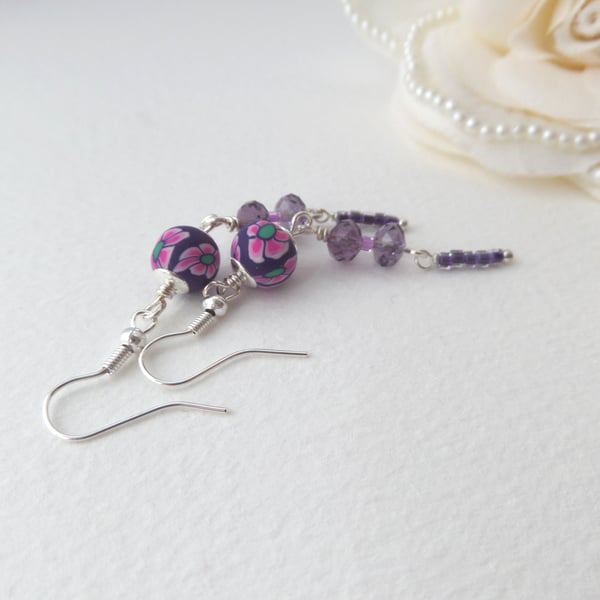 Purple Earrings, Silver Medium Length Dangle Earrings