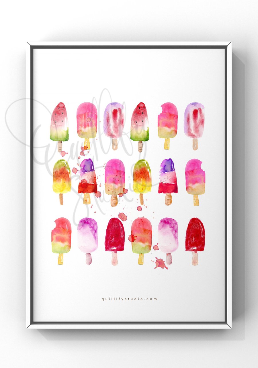 Watercolour Art Print - Melting Fruity Ice Lollies (Family Pack)