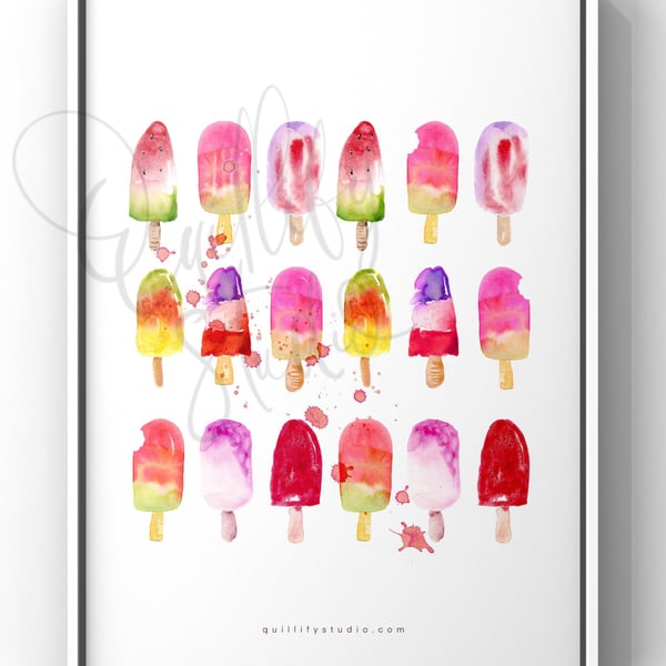 Watercolour Art Print - Melting Fruity Ice Lollies (Family Pack)