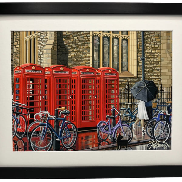 Cambridge Phone Boxes. Urban Cityscape Framed & Unframed Fine Art Print Gift