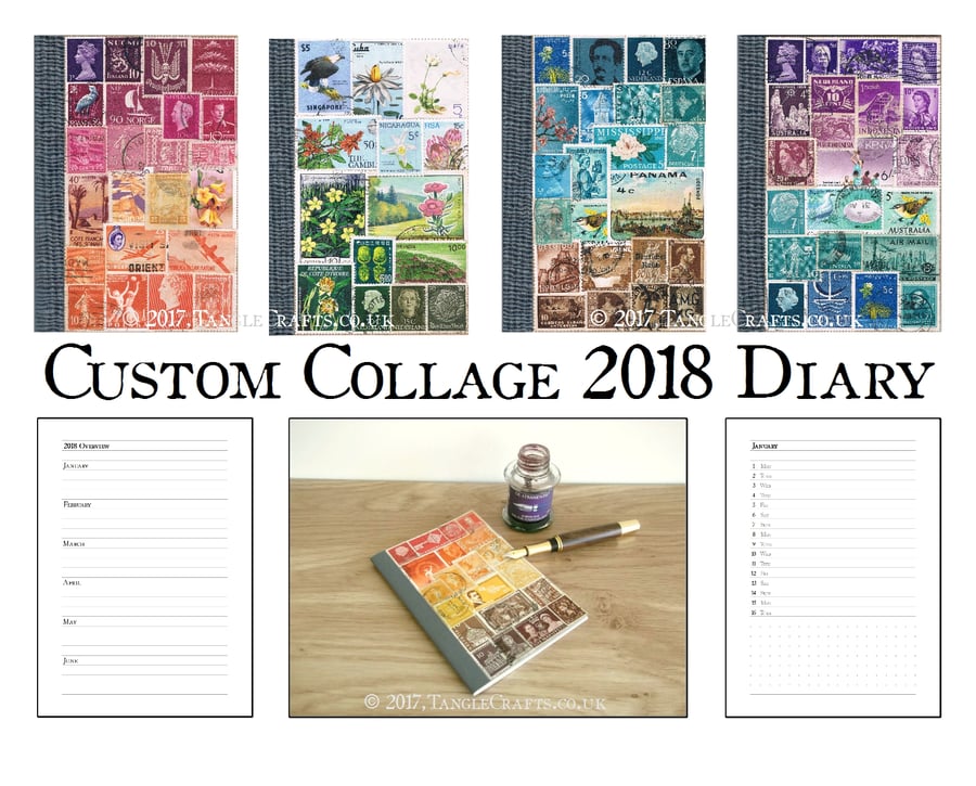 2018 Diary A6 Monthly Planner - Original Postage Stamp Collage, Upcycled Vintage