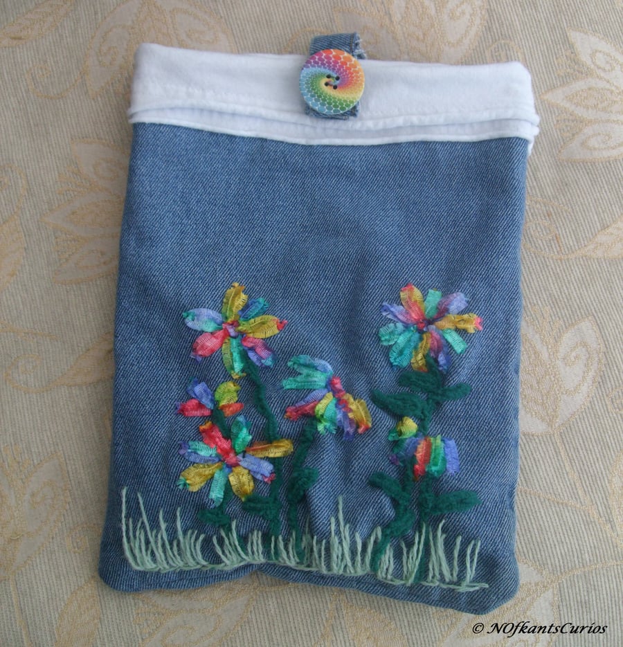 Recycled Rainbow Floral Embroidered Gadget Pouch or Cover.