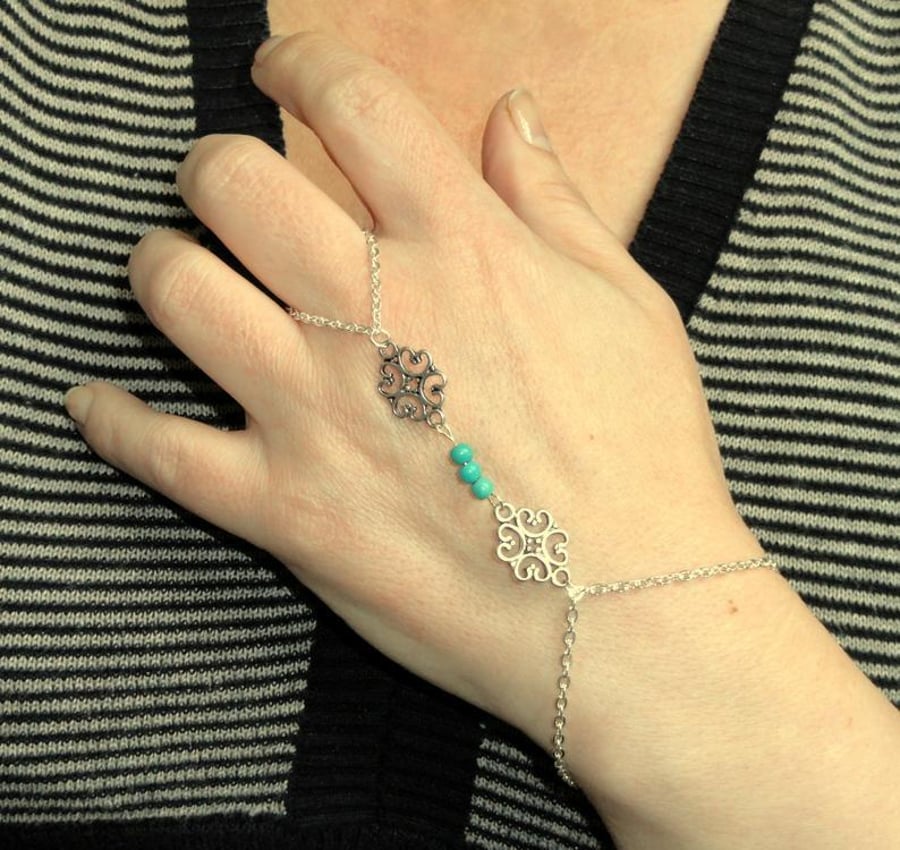 Silver chain filigree turquoise slave bracelet