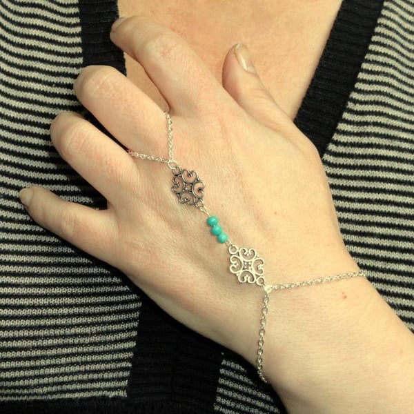 Silver chain filigree turquoise slave bracelet