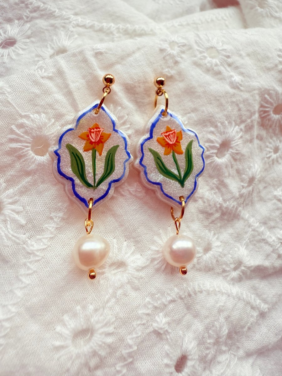 Hand painted Daffodil Earrings with Pearl Drops - FREE SHIPPING