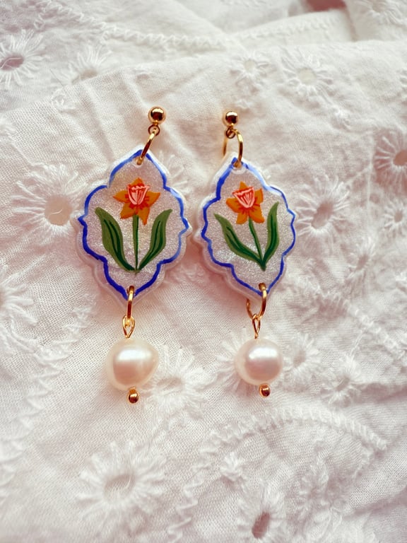 Hand painted Daffodil Earrings with Pearl Drops - FREE SHIPPING