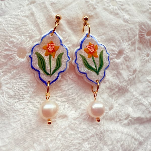 Hand painted Daffodil Earrings with Pearl Drops - FREE SHIPPING
