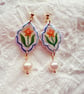 Hand painted Daffodil Earrings with Pearl Drops - FREE SHIPPING