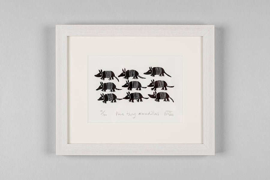 Nine Tiny Armadillos - original lino print
