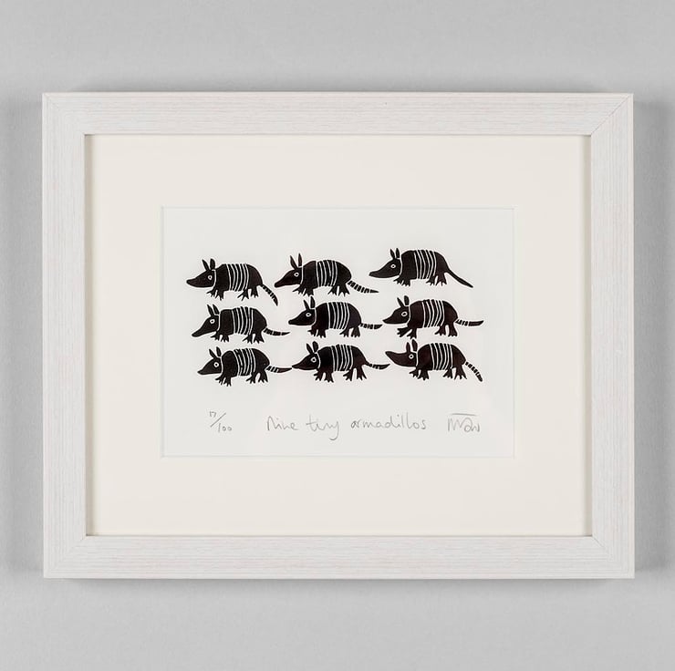 Nine Tiny Armadillos - original lino print - Folksy